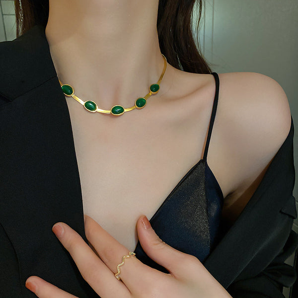 Fashion Jewelry Titanium Steel Vintage Emerald Blade Chain Necklace Women