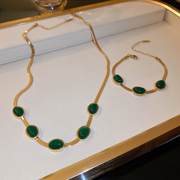 Fashion Jewelry Titanium Steel Vintage Emerald Blade Chain Necklace Women
